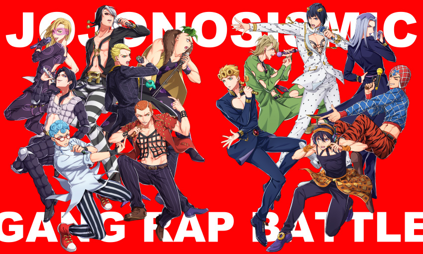6+boys, absurdres, black_eyes, black_hair, black_sclera, colored_sclera, formaggio, full_body, ghiaccio, giorno_giovanna, highres, holding, holding_microphone, illuso, jojo_no_kimyou_na_bouken, leone_abbacchio, long_hair, long_sleeves, microphone, middle_finger, multiple_boys, navel, open_mouth, pesci, red_background, red_eyes, risotto_nero, shakuyouka, shirt, short_hair, simple_background, single_sleeve, sleeveless, sleeveless_coat, sleeveless_shirt, sleeves_rolled_up, vento_aureo