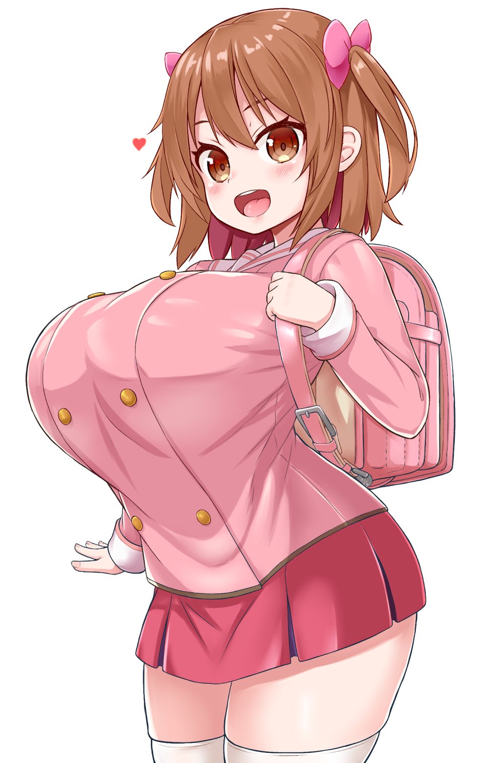 1girl, :d, backpack, bag, blush, bow, breasts, brown_eyes