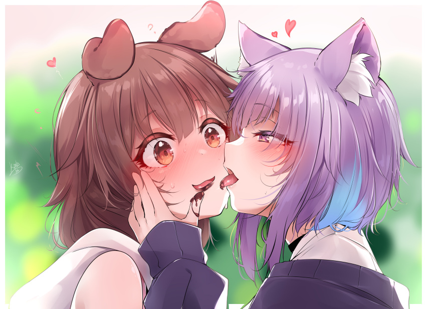 2girls, absurdres, animal_ear_fluff, animal_ears, black_jacket, blurry, blurry_background, blush