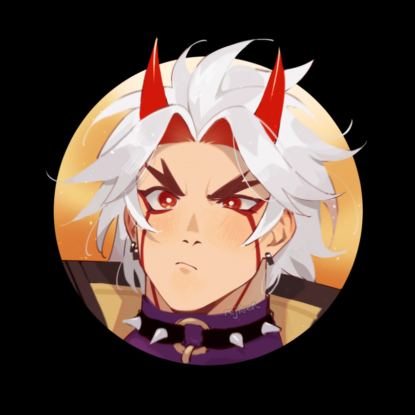 1boy, absurdres, arataki_itto, bangs, black_border, border, choker, close-up