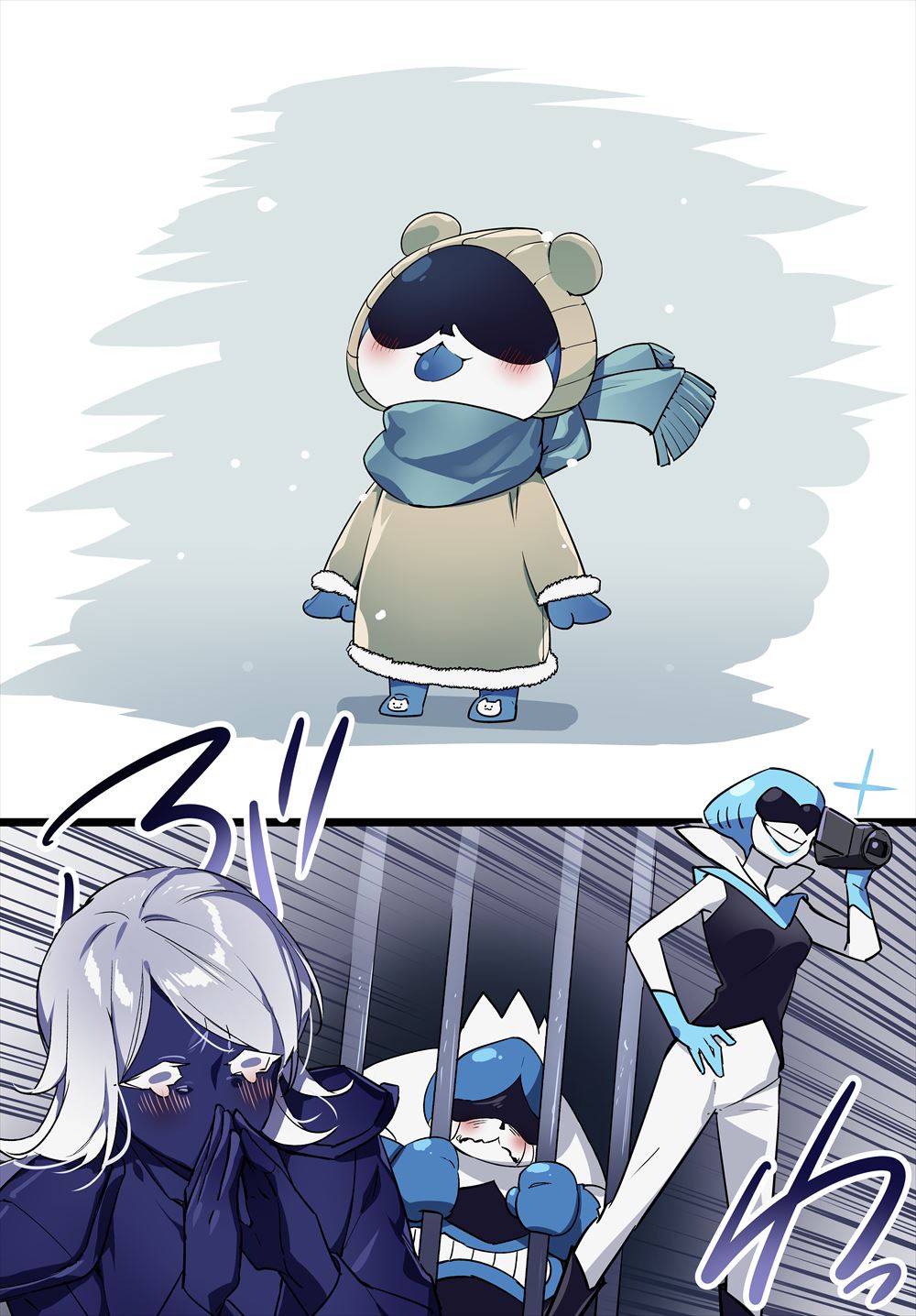 1girl, 3boys, animal_ears, beanie, boots, camcorder, camera, coat