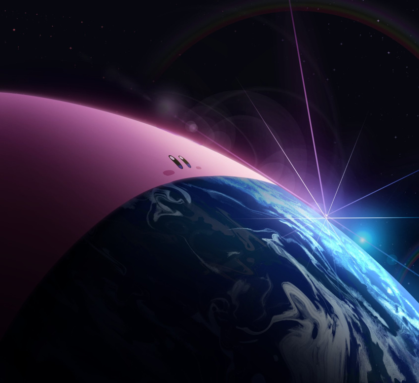 blue_eyes, blush_stickers, clouds, commentary_request, diffraction_spikes, earth_(planet), eating, end_of_the_world, hal_laboratory_inc., highres, kirby, kirby_(series), kirby_and_the_forgotten_land, mouthful_mode, mozuku_(honida1215), nintendo, open_mouth, pink_puff_ball, planet, space, star_(sky), what