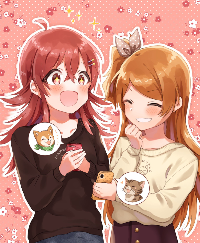 2girls, ahoge, beige_sweater, black_sweater, bow, cat, closed_eyes, commentary_request, dog, grin, hair_bow, hair_ornament, hairclip, highres, holding, holding_phone, idolmaster, idolmaster_million_live!, idolmaster_shiny_colors, komiya_kaho, long_hair, long_sleeves, meno_(imas_ll), multiple_girls, one_side_up, oogami_tamaki, open_mouth, orange_hair, phone, pink_eyes, redhead, smile, sparkling_eyes, sweater