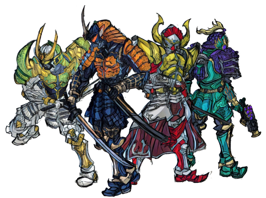 4boys, armor, banana, banana_arms, bell, belt, blue_footwear, bodysuit, budou_arms, commentary_request, food, fruit, grapes, green_armor, green_footwear, gun, handgun, highres, horns, kamen_rider, kamen_rider_baron, kamen_rider_gaim, kamen_rider_gaim_(series), kamen_rider_ryugen, kamen_rider_zangetsu, lance, long_coat, male_focus, mask, melon, melon_arms, multiple_boys, musou_saber, nakaba_den, orange_armor, orange_arms, orange_theme, pistol, polearm, purple_armor, red_footwear, samurai, sheath, sheathed, shield, stylistic, sword, unsheathing, violet_eyes, weapon, white_background, white_bodysuit, white_footwear, yellow_armor, yellow_eyes, yellow_horns