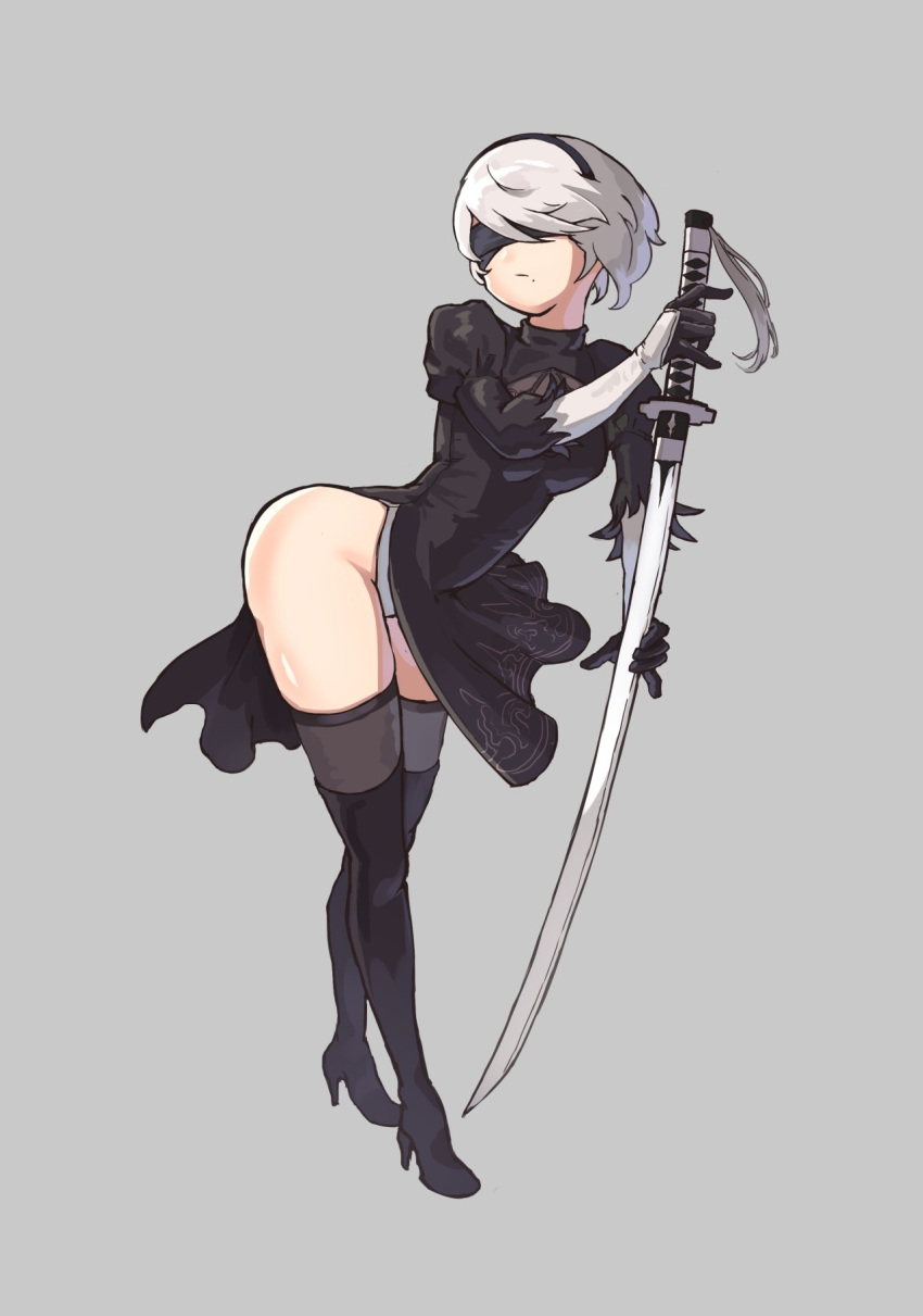 1girl, ass, black_blindfold, black_footwear, black_gloves, black_hairband, blindfold, boots, closed_mouth, gloves, grey_background, grey_hair, grey_legwear, hairband, high_heel_boots, high_heels, highres, holding, holding_sword, holding_weapon, iver_(reviolet), katana, mole, mole_under_mouth, nier_(series), nier_automata, puffy_sleeves, see-through, short_hair, simple_background, solo, sword, thigh-highs, turtleneck, weapon, yorha_no._2_type_b