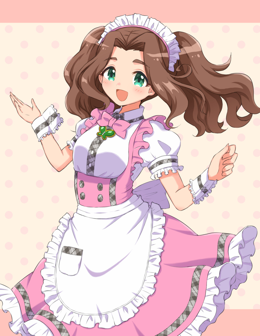 1girl, :d, bow, brooch, brown_hair, dress, frilled_dress, frills