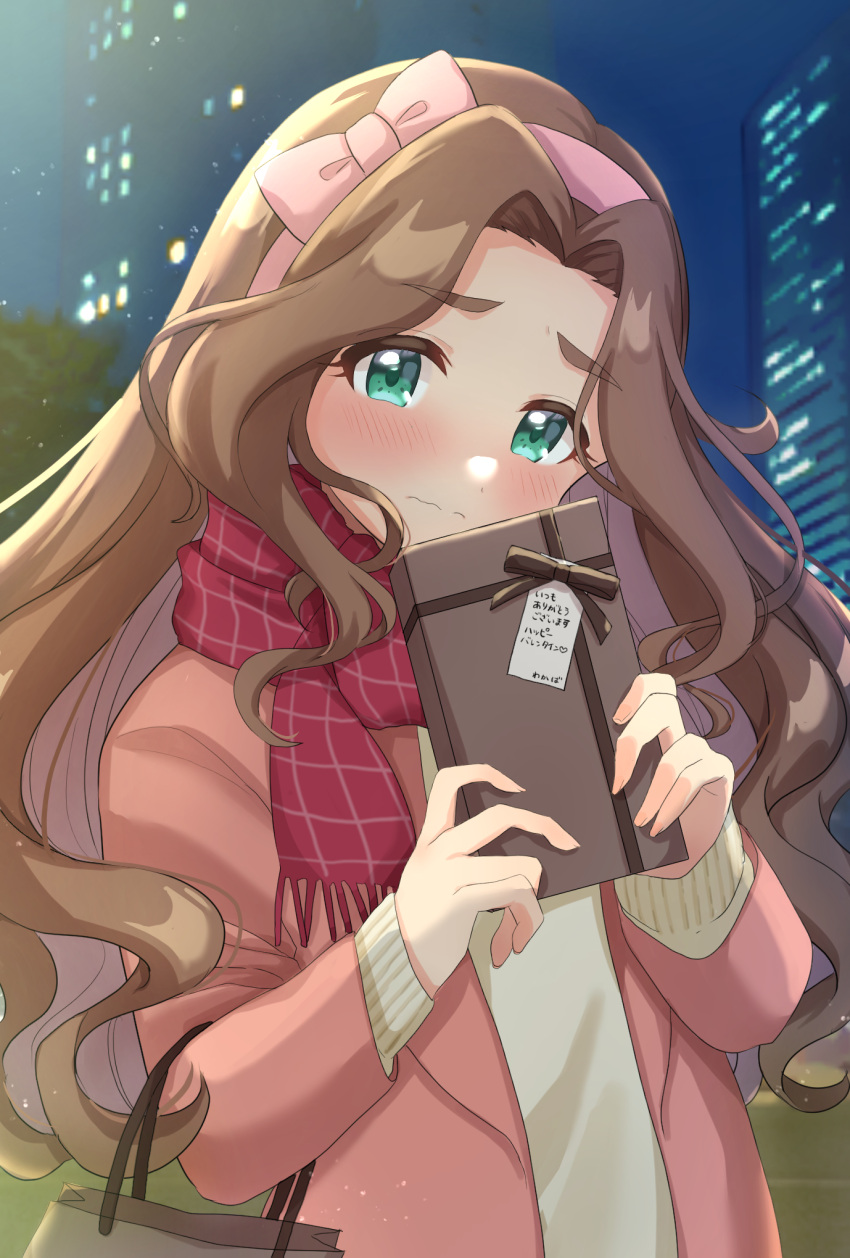 1girl, aqua_eyes, bag, blush, bow, brown_hair, building, gift