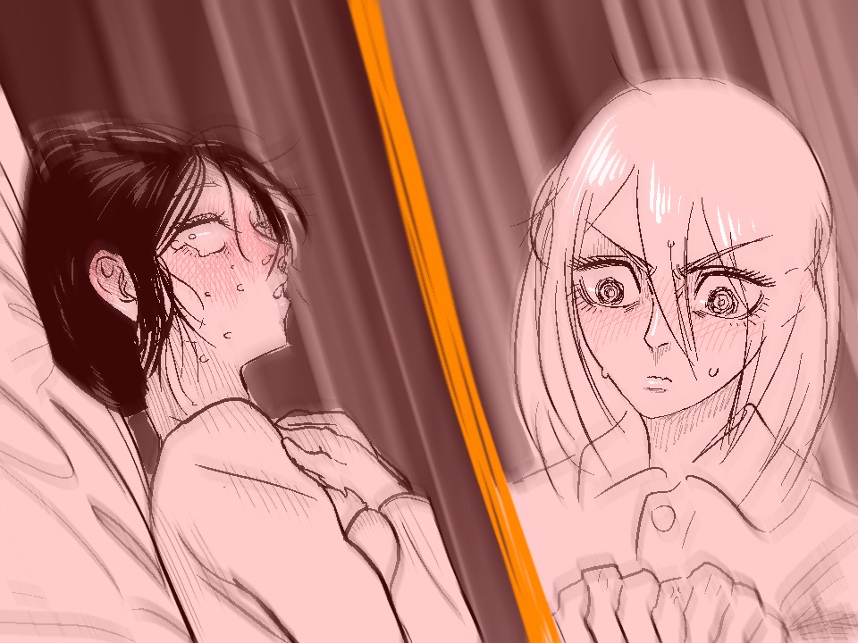 2girls, after_masturbation, bed, blush, caught, christa_renz, greyscale, meow25meow, monochrome, multiple_girls, shingeki_no_kyojin, short_hair, sweat, tears, ymir_(shingeki_no_kyojin)