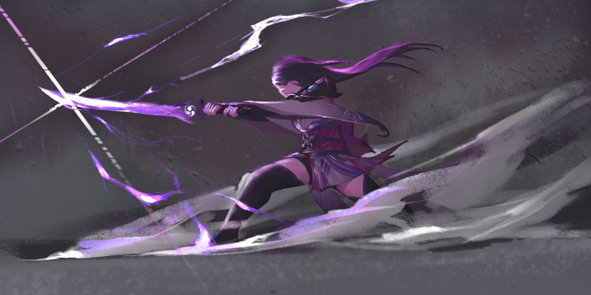 1girl, diffraction_spikes, dust, dust_cloud, electricity, genshin_impact, glowing, glowing_sword, glowing_weapon, highres, holding, holding_weapon, japanese_clothes, katana, kong_ling_hai, long_hair, long_sleeves, magatama, magatama_print, patterned, patterned_clothing, purple_hair, raiden_shogun, solo, sword, weapon, wide_sleeves