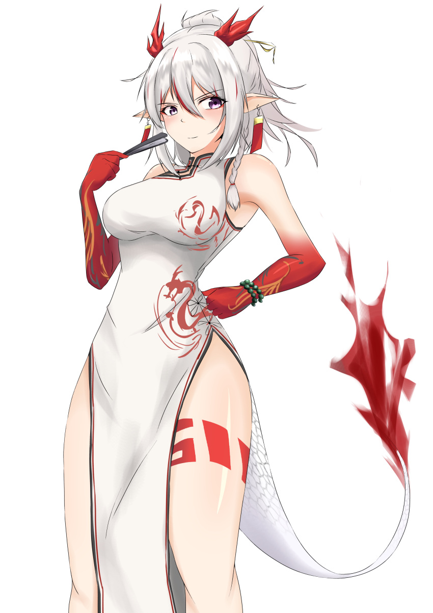 1girl, absurdres, arknights, bare_legs, bare_shoulders, bead_bracelet, beads, bracelet, braid, breasts, china_dress, chinese_clothes, closed_mouth, commentary_request, cowboy_shot, dragon_girl, dragon_horns, dragon_print, dragon_tail, dress, earrings, eyebrows_visible_through_hair, hair_between_eyes, hair_ornament, hand_fan, hand_on_hip, highres, hiuyec, horns, jewelry, looking_to_the_side, medium_breasts, medium_hair, multicolored_hair, nian_(arknights), official_alternate_costume, pink_eyes, pointy_ears, redhead, shiny, shiny_skin, simple_background, smile, solo, streaked_hair, tail, tassel, tassel_earrings, two-tone_hair, white_background, white_dress, white_hair