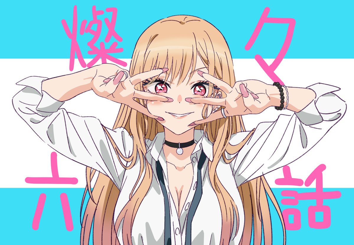 1girl, arms_up, blonde_hair, blush, bracelet, choker, double_w, earrings