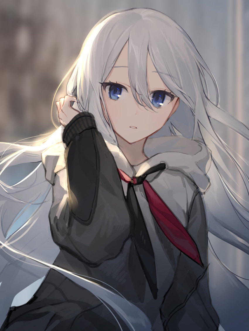 1girl, absurdres, adjusting_hair, arm_at_side, backlighting, black_hoodie, black_neckerchief, blue_eyes