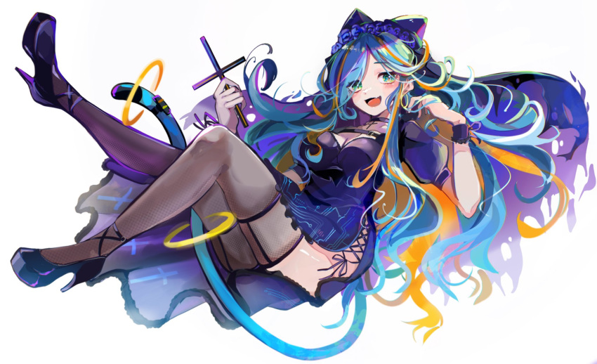 1girl, black_footwear, blue_flower, blue_hair, blue_rose, blush, choker, circuit_board_print