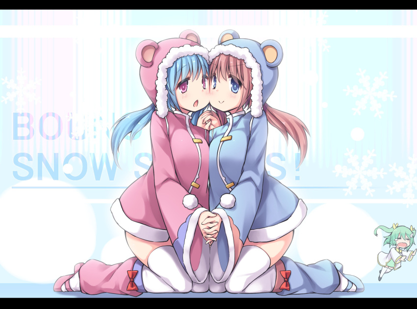 3girls, animal_ears, bear_ears, bear_girl, blue_background, blue_hair, doyagao, dress, face-to-face, highres, holding_hands, kneeling, long_sleeves, multiple_girls, nieve_(rabi_ribi), nixie_(rabi_ribi), pink_hair, rabi-ribi, saya_(rabi_ribi), short_dress, short_twintails, siblings, smug, thigh-highs, twins, twintails, winter_clothes