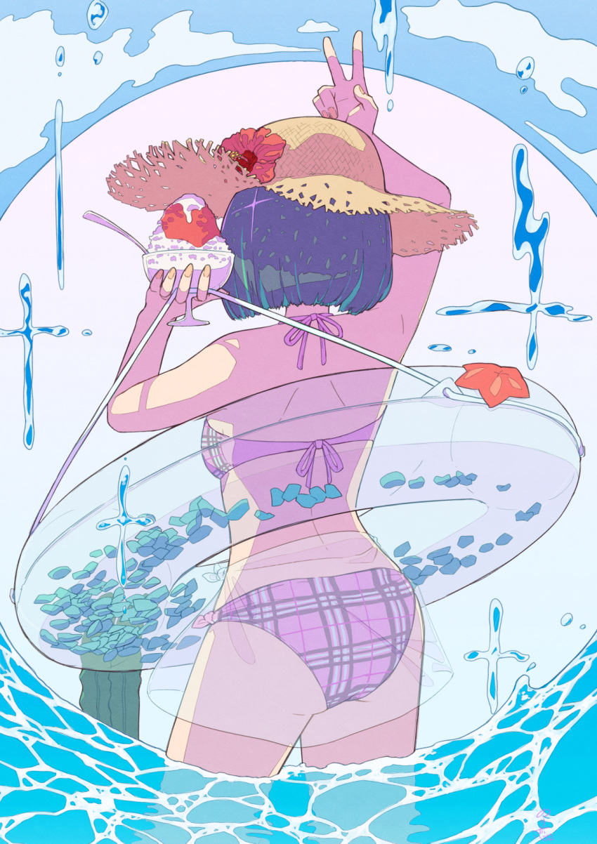 1girl, arm_up, ass, bikini, blue_hair, brown_headwear, commentary_request, cross, cup, cupping_glass, facing_away, flower, food, from_behind, hands_up, hat, hat_flower, hibiscus, highres, holding, holding_innertube, innertube, multicolored_hair, norikoi, original, petals, pink_bikini, plaid, plaid_bikini, purple_hair, red_flower, sarong, see-through, see-through_sarong, shaved_ice, short_hair, signature, solo, spoon, standing, straw_hat, streaked_hair, sun_hat, swimsuit, v, water