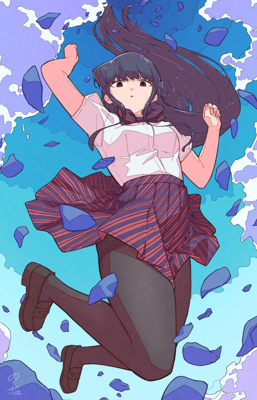 1girl, arm_up, bangs, black_hair, black_legwear, blue_sky, bow, bowtie