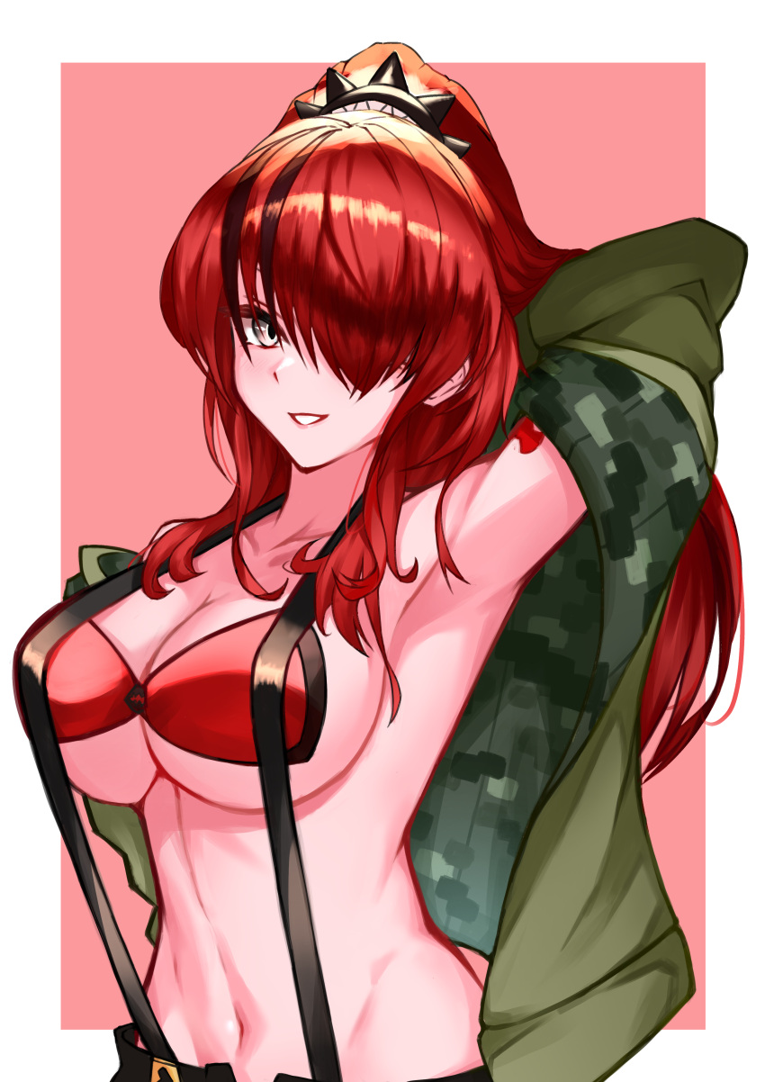 1girl, absurdres, arm_up, armpits, bangs, bare_shoulders, black_hair, breasts