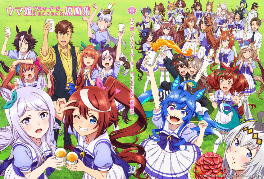 3boys, 6+girls, absurdres, animal_ears, biwa_hayahide_(umamusume), black_hair, blue_hair, brown_hair