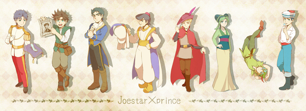 1girl, 6+boys, aladdin_(character), aladdin_(character)_(cosplay), aladdin_(disney), arabian_clothes, ascot, battle_tendency