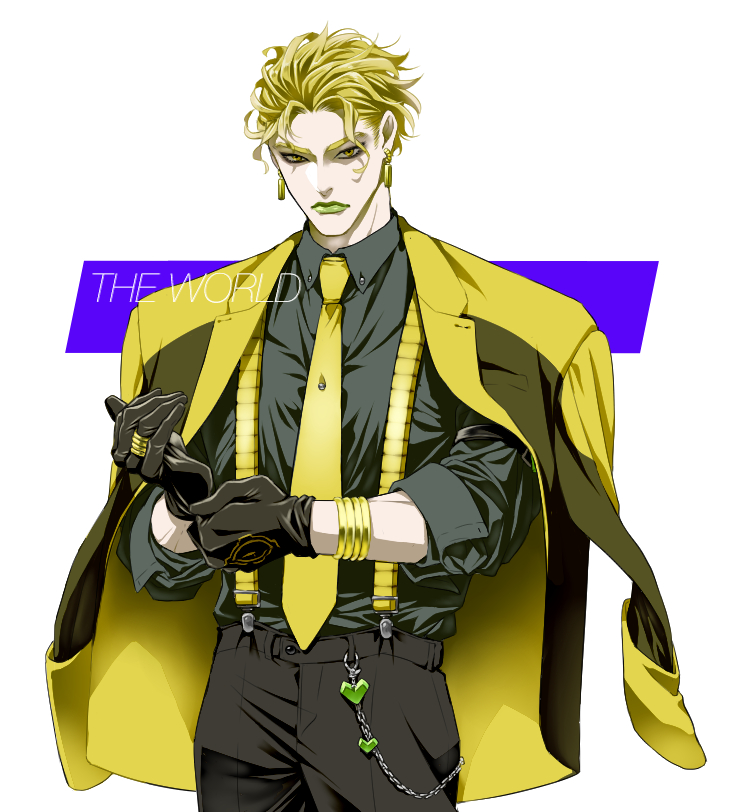 1boy, adapted_costume, black_gloves, black_shirt, blonde_hair, bracelet, contemporary, earrings
