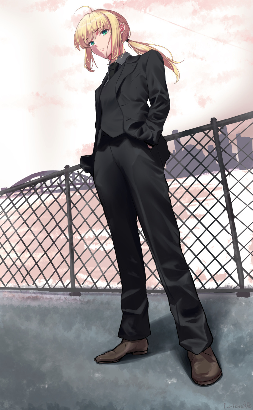 1girl, absurdres, ahoge, artoria_pendragon_(fate), black_jacket, black_neckwear, blonde_hair, bridge