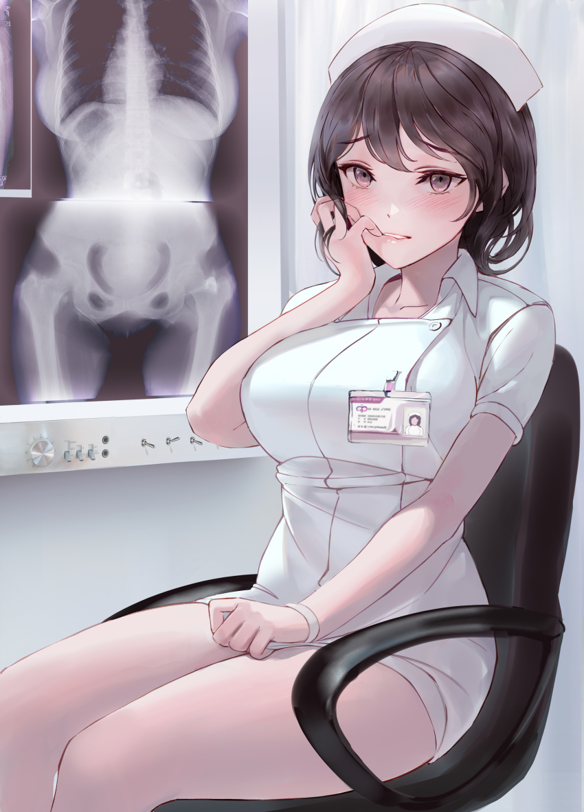 1girl, absurdres, bangs, bare_legs, biting, blush, bone, breasts