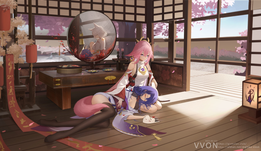 3girls, absurdres, animal_ears, architecture, artist_name, bangs, banner, black_legwear