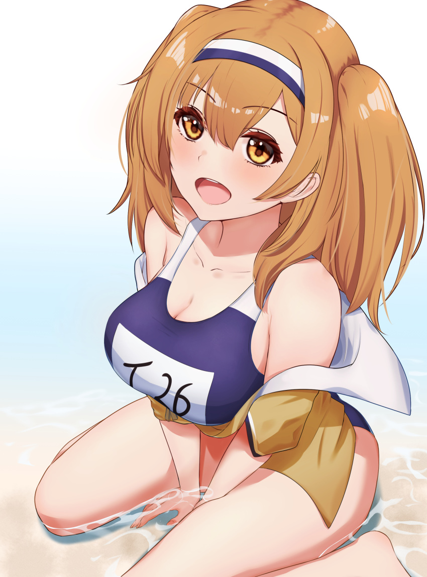 1girl, absurdres, arugou, breasts, brown_eyes, collarbone, hairband, highres, i-26_(kancolle), kantai_collection, large_breasts, light_brown_eyes, light_brown_hair, long_hair, name_tag, new_school_swimsuit, one-piece_swimsuit, school_swimsuit, sitting, solo, swimsuit, swimsuit_under_clothes, two-tone_hairband, two_side_up, wariza