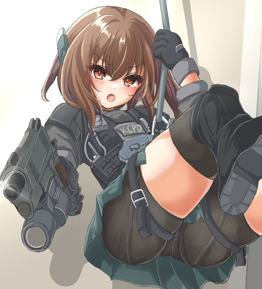 1girl, :o, bike_shorts, boots, brown_eyes, brown_hair, green_skirt, gun