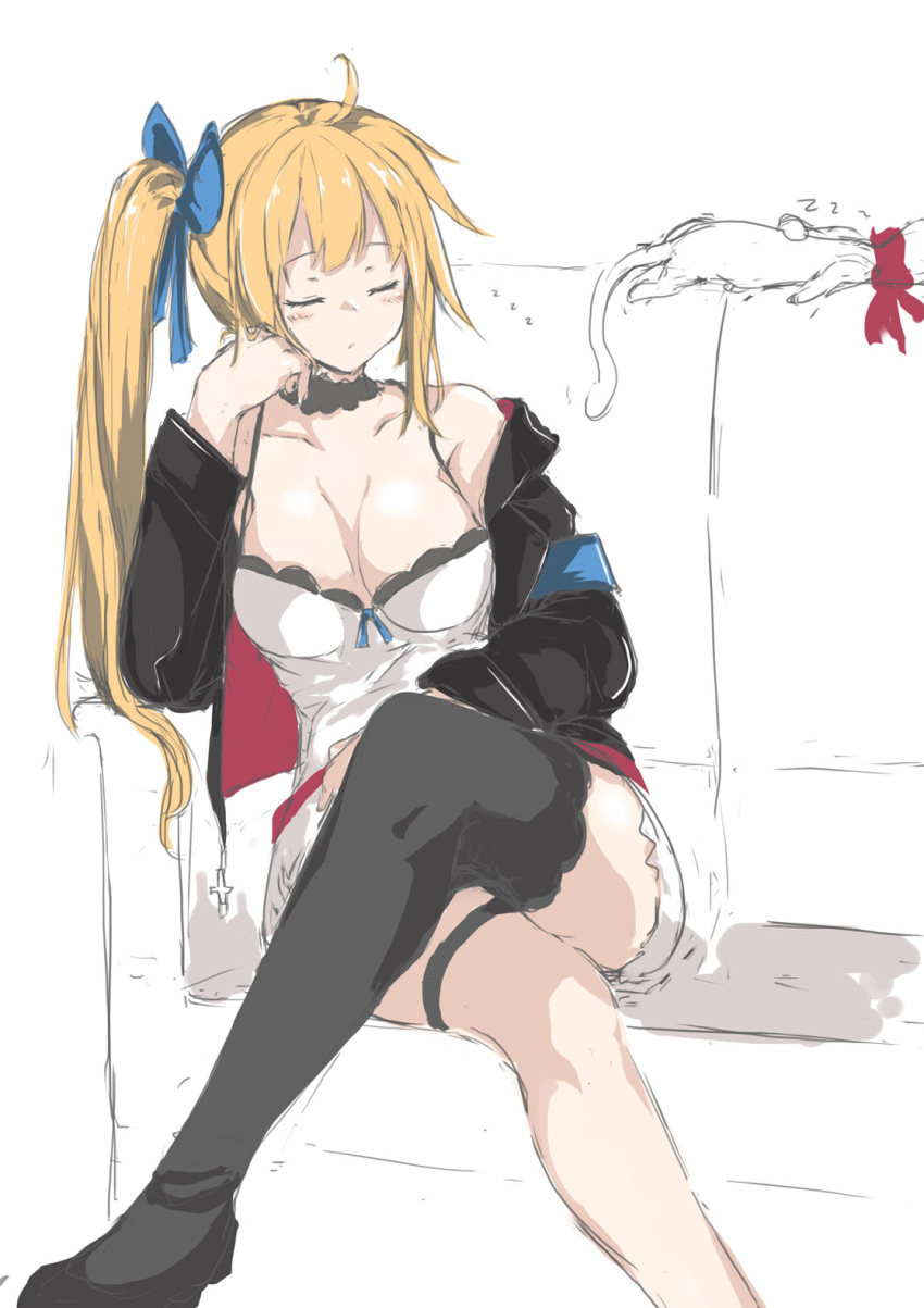 1girl, bangs, black_jacket, black_legwear, blonde_hair, blush, bow, breasts
