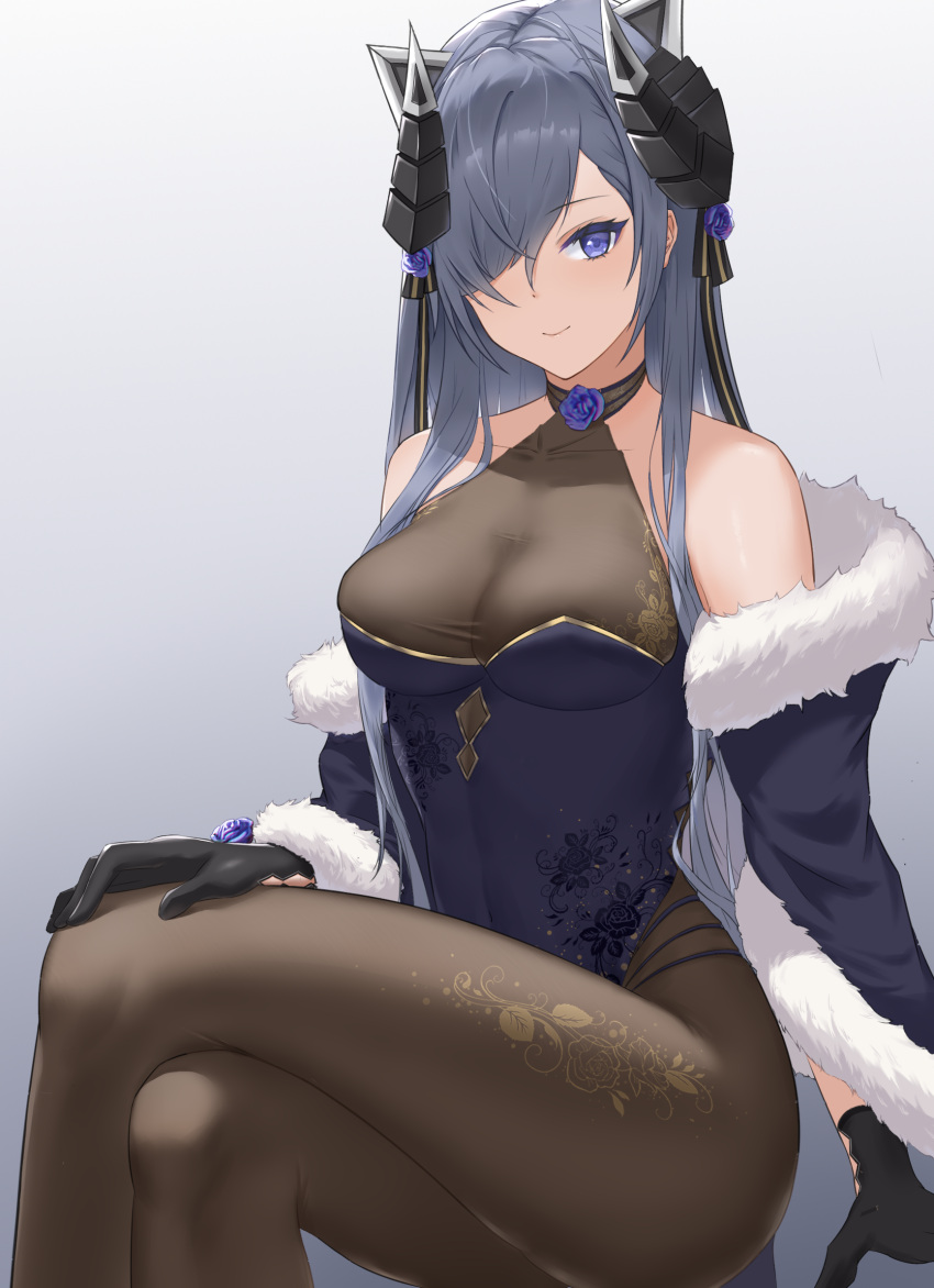 1girl, august_von_parseval_(azur_lane), azur_lane, bare_shoulders, black_legwear, blue_dress, blue_eyes, blue_flower