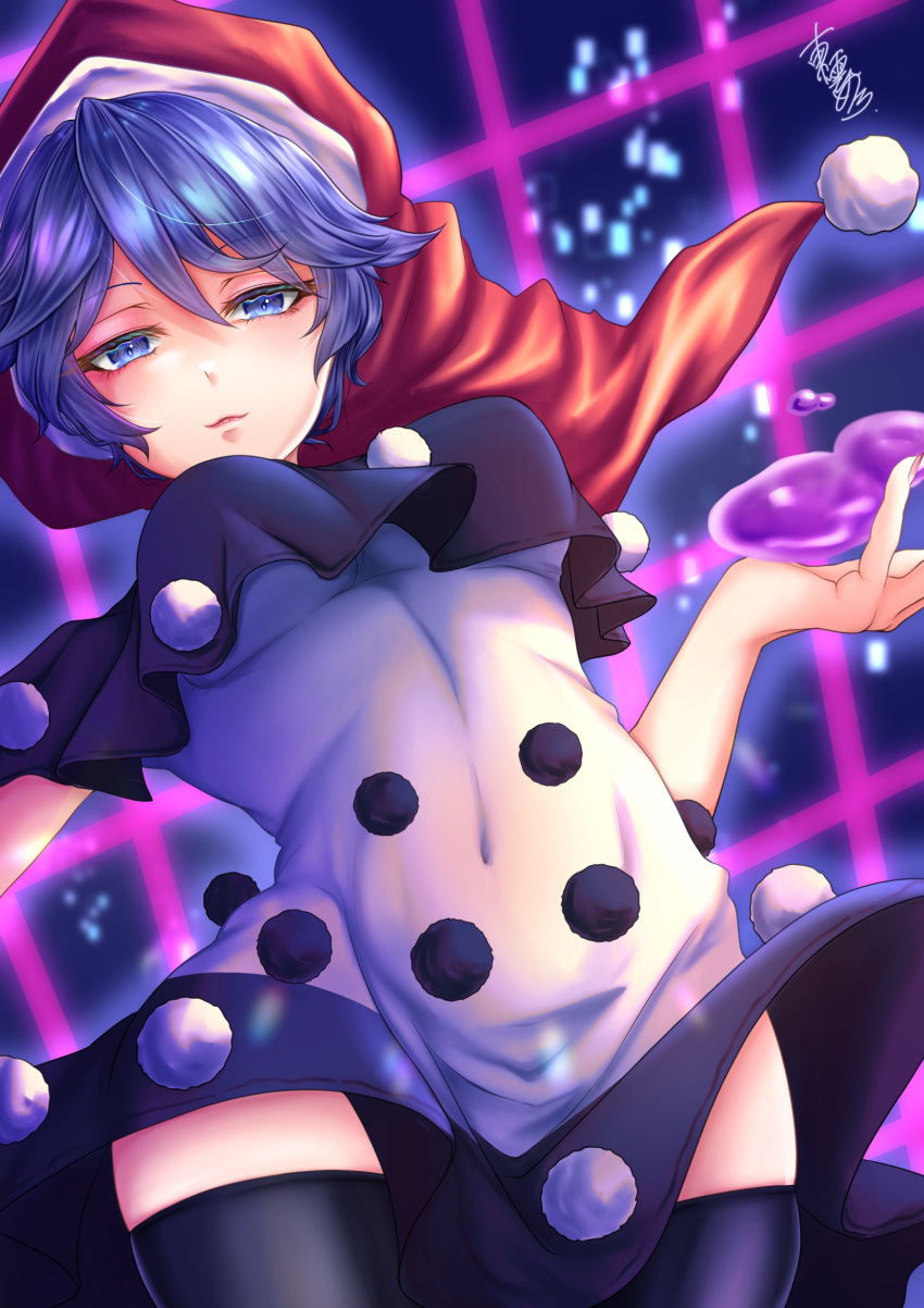 1girl, :3, bangs, black_capelet, black_legwear, blob, blue_eyes, breasts