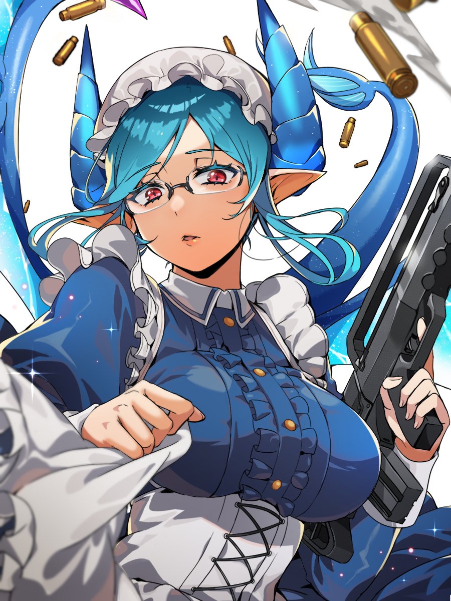 apron, blue_hair, blue_horns, breasts, collared_dress, dragon_girl, dragon_horns, dragon_wings