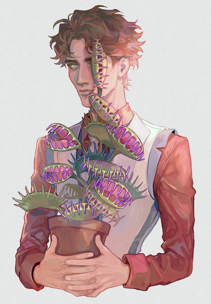 1boy, arcane:_league_of_legends, arcane_viktor, bangs, brown_hair, bunnyclvb, holding, holding_plant, league_of_legends, male_focus, plant, potted_plant, shirt, short_hair, solo, viktor_(league_of_legends)