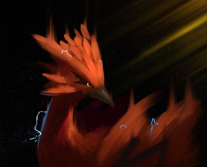 animal_focus, beak, bird, black_background, closed_mouth, commentary_request, electricity, galarian_zapdos