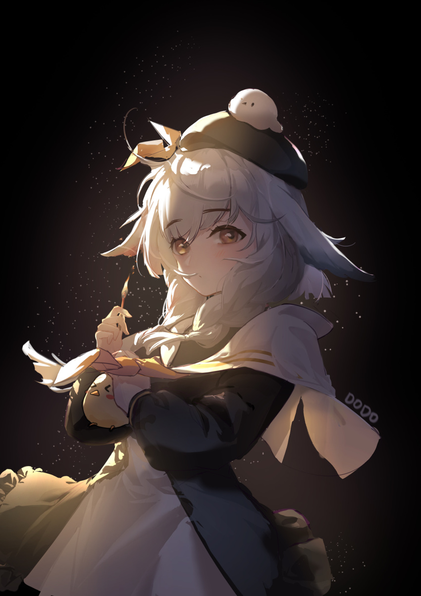 1girl, absurdres, azur_lane, backlighting, bangs, beret, black_background, braid, capelet, chinese_commentary, closed_mouth, commentary_request, dodo1996, eyebrows_visible_through_hair, grey_hair, hat, highres, kazagumo_(azur_lane), looking_at_viewer, manjuu_(azur_lane), medium_hair, neckerchief, orange_eyes, own_hands_together, revision, sailor_collar, single_braid, upper_body, yellow_neckerchief