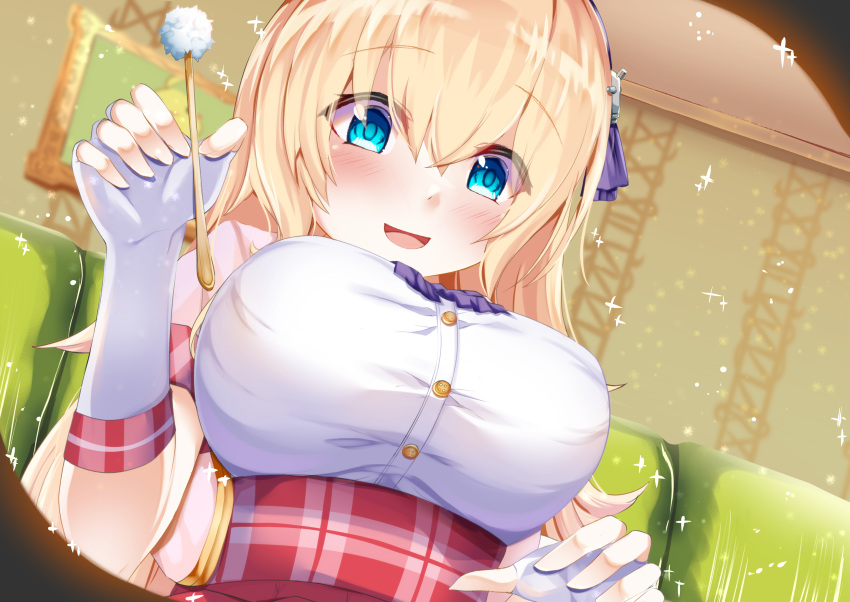 1girl, absurdres, azur_lane, blue_eyes, blush, breasts, commentary_request, ear_cleaning