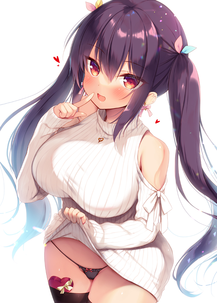 1girl, :d, bangs, bare_shoulders, black_legwear, black_panties, blush, bow