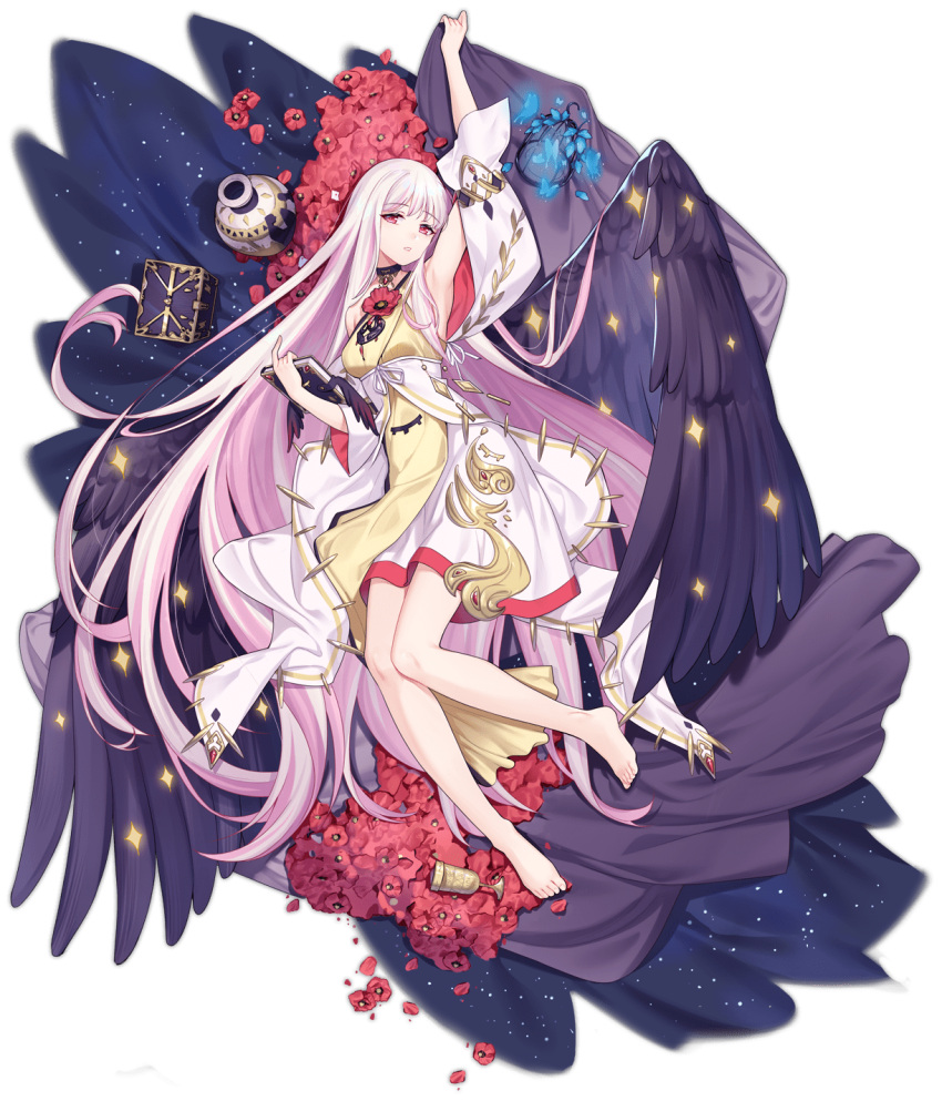 1girl, absurdly_long_hair, ark_order, armpits, bangs, barefoot, bed_sheet, black_wings