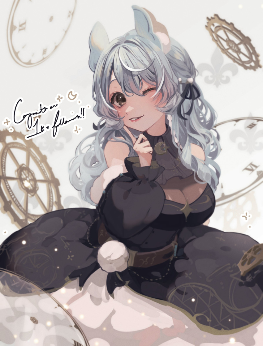animal_ear_fluff, bangs, belt, black_dress, black_eyes, blush, breasts, brown_belt