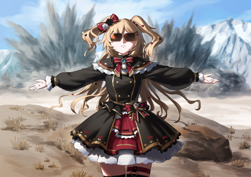 1girl, absurdres, akai_haato, black_capelet, black_dress, blonde_hair, bow, bowtie