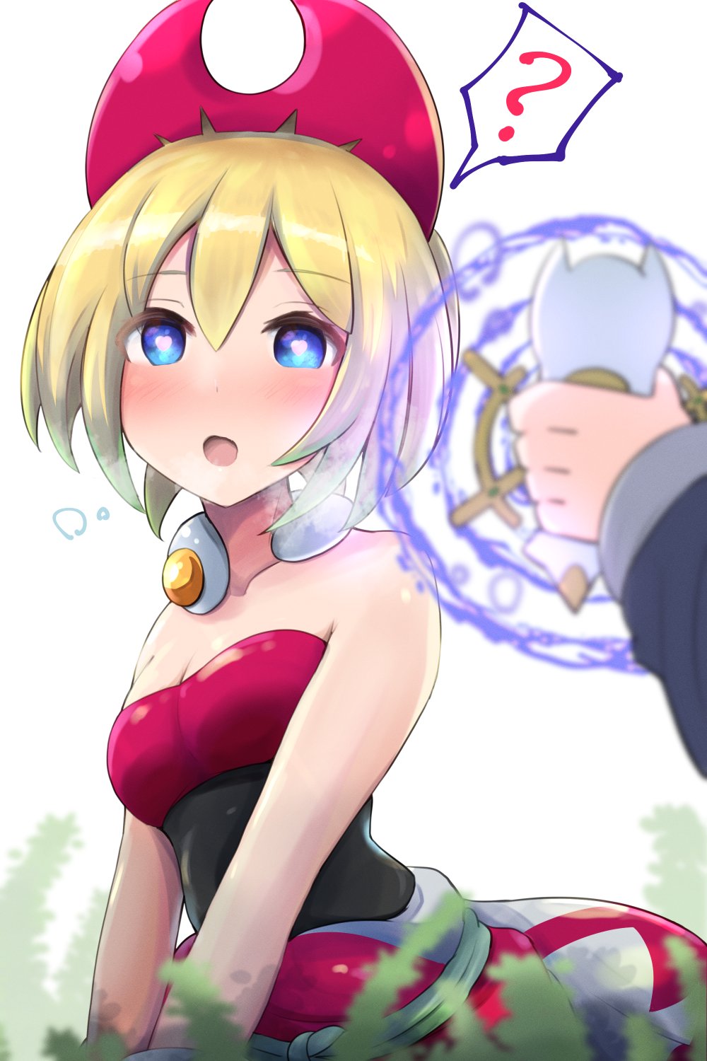 ?, arm_wrap, blonde_hair, blue_eyes, fukkatsu_saisei_kaijin, hairband, heart, heart-shaped_pupils, highres, hypnosis, irida_(pokemon), mind_control, pokemon, pokemon_(game), pokemon_legends:_arceus, red_hairband, red_shirt, shirt, short_hair, shorts, strapless, strapless_shirt, symbol-shaped_pupils, waist_cape, white_shorts