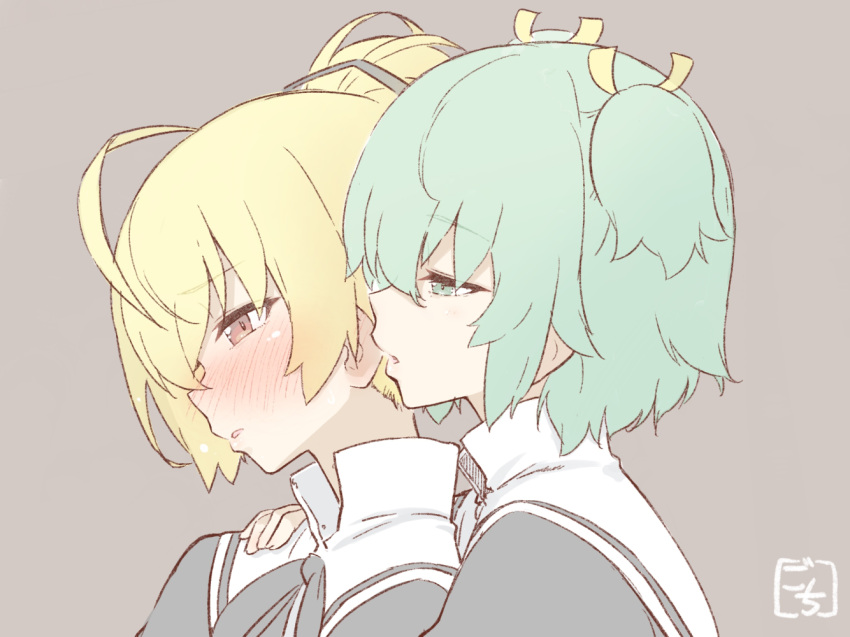 2girls, ahoge, andou_tazusa, artist_name, assault_lily, bangs, behind_another, blush