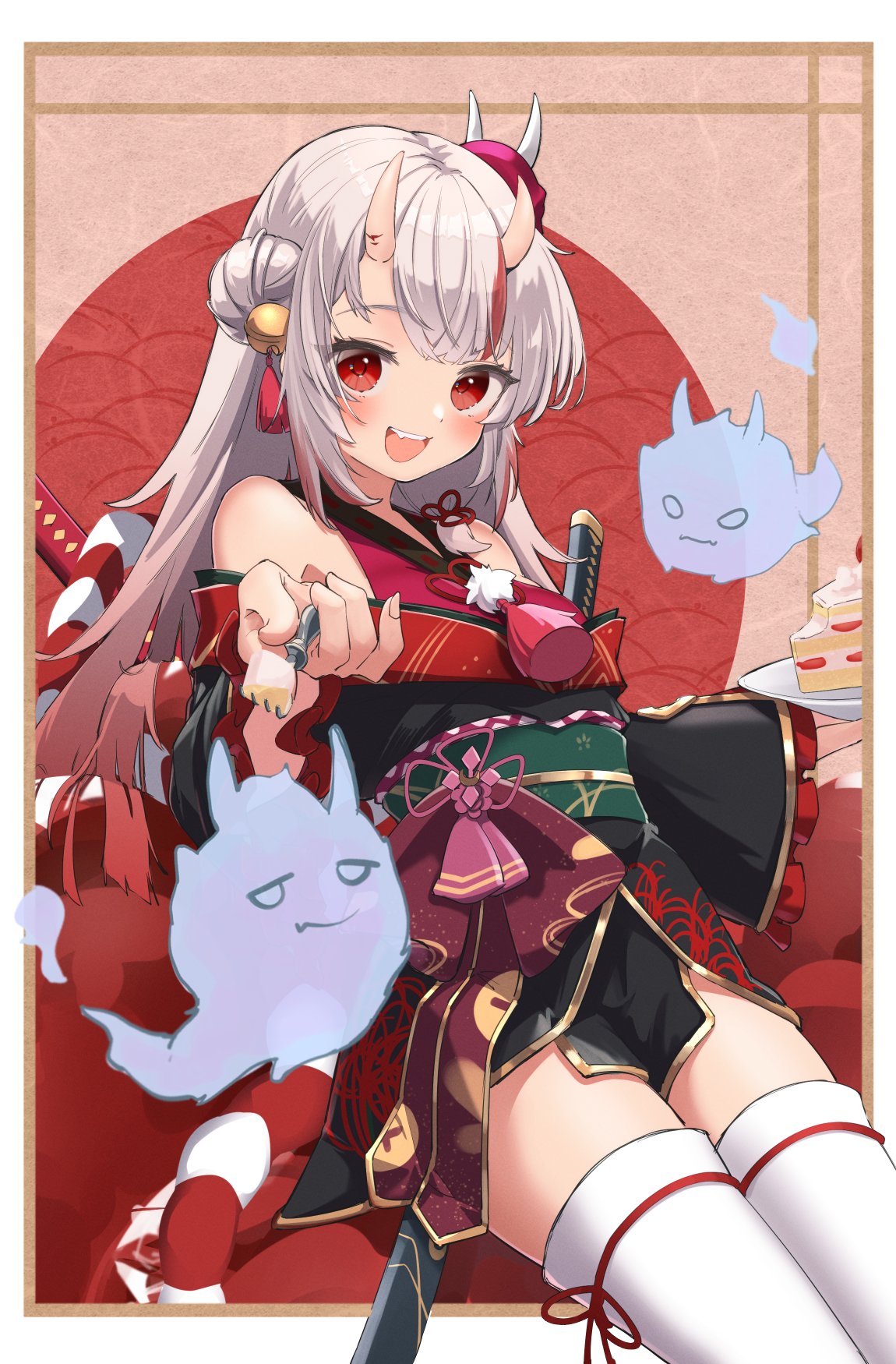 1girl, bangs, bell, black_kimono, blush, cake, double_bun, eyebrows_visible_through_hair