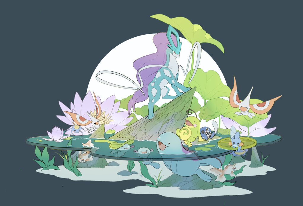 :d, animal_focus, goldeen, grey_background, happy, lanjiujiu, lily_pad, lotad