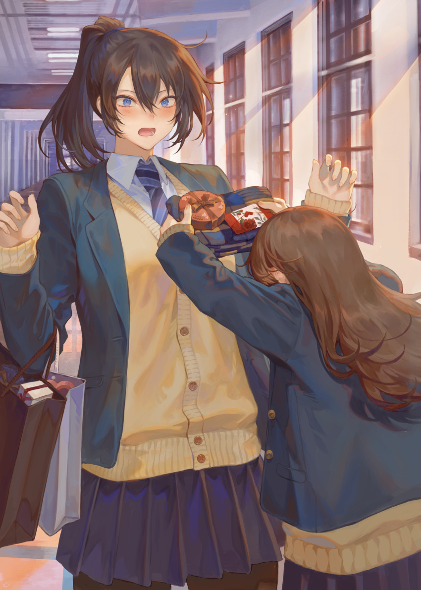 2girls, bangs, black_legwear, black_skirt, blazer, blue_eyes, blue_jacket, blue_necktie