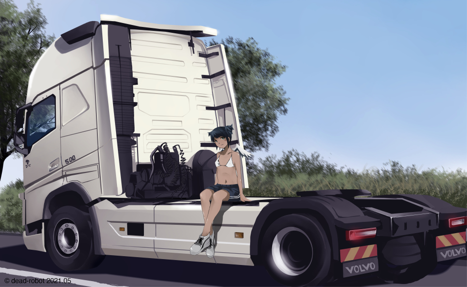 1girl, artist_name, bikini, bikini_top_only, blue_sky, bra, commentary, crossed_ankles