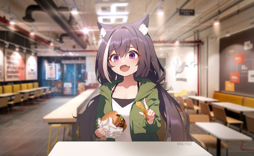 1girl, animal_ear_fluff, animal_ears, artist_name, black_hair, burger, cat_ears, cat_girl