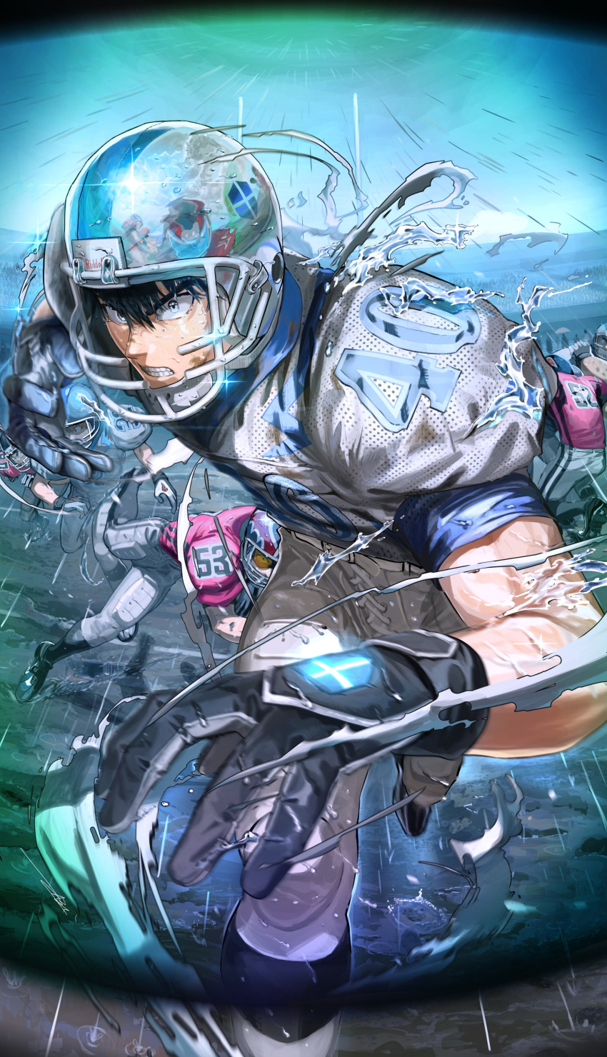 6+boys, absurdres, american_football_helmet, american_football_uniform, bangs, belt, black_gloves, black_hair