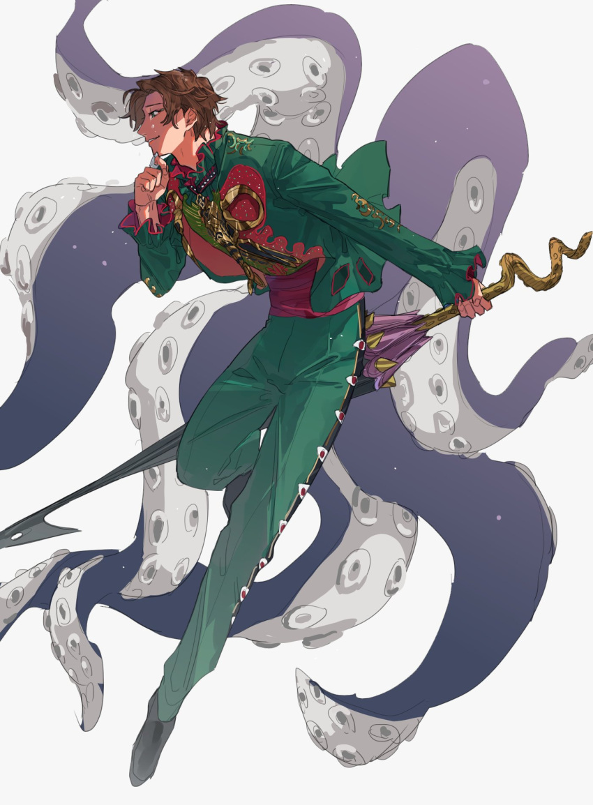 1boy, bbbb_fex, cowboy_shot, evil, evil_smile, full_body, giant_squid, green_eyes